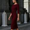 Abito midi aderente da donna senza spalle con maniche a tre quarti e arricciature per feste serali