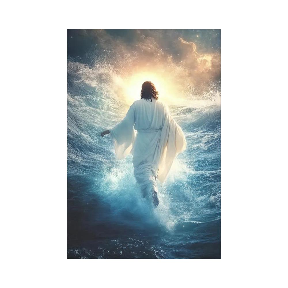 Jesus Walking On Water Canvas Wall Art Modern Vintage Minimalist Design, Print, Serene Religious Art for Living Room, Artwork Scripture Wall Decor