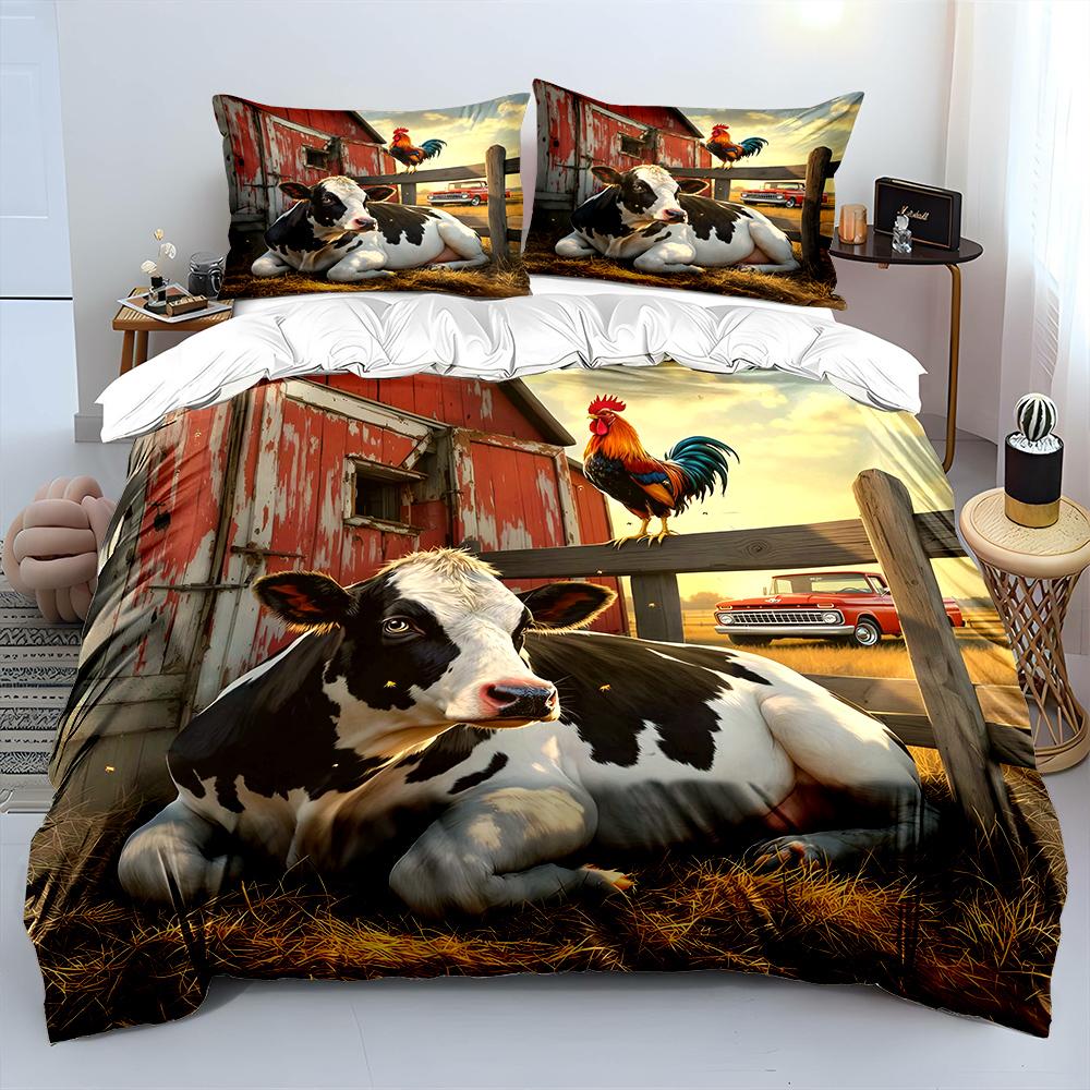 Farm Theme Cow And Rooster Print Soft Comfortable Duvet Cover Bedding Set Included 1*Duvet Cover  2*Pillowcases Luxury Gifts