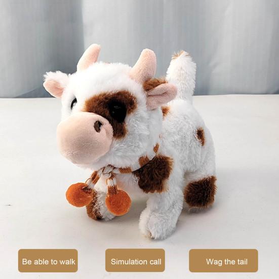 Electric Plush Dairy Cattle Toy Kids Walking Interactive Mooing Nodding Robot Scarf Cow Plushie Toy Toddlers Educational Simulation Animal Toy