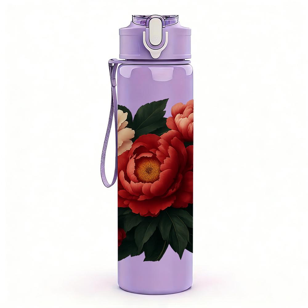 1PC Red Peony Rose Flower Cluster 750ml Color Plastic Sports Water Bottle Leakproof Flip Straw Lid For Sports Office Home Use