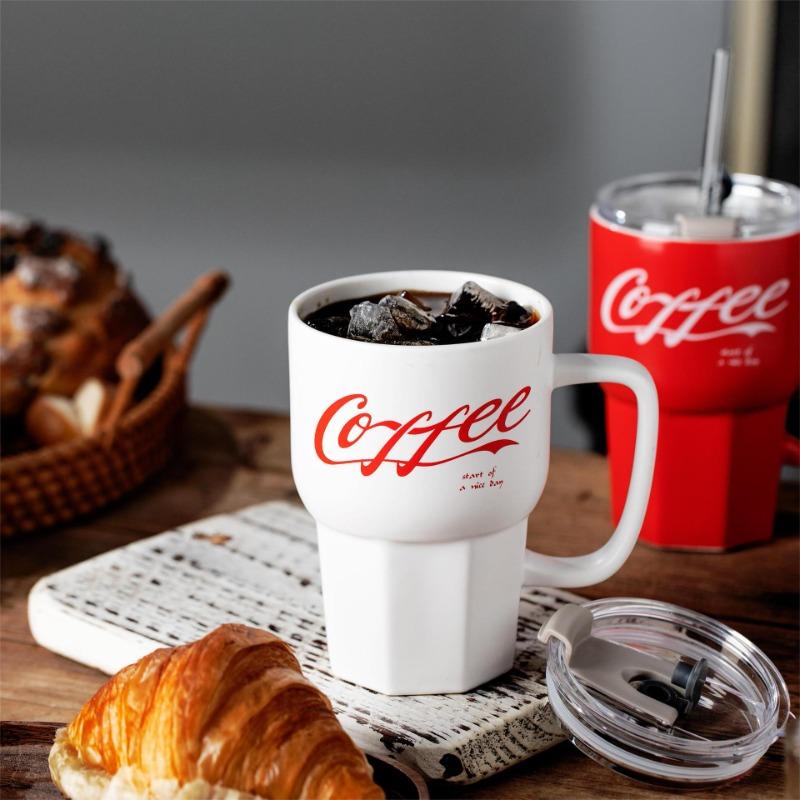 Coke Straw Cup High Value Ceramic Cup Large Capacity Water Cup Couple Mug Office Coffee Cup Portable