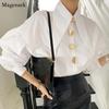 Chic Women White Cotton Button Blouse Loose Lantern Long Sleeve Casual Office Spring Tops