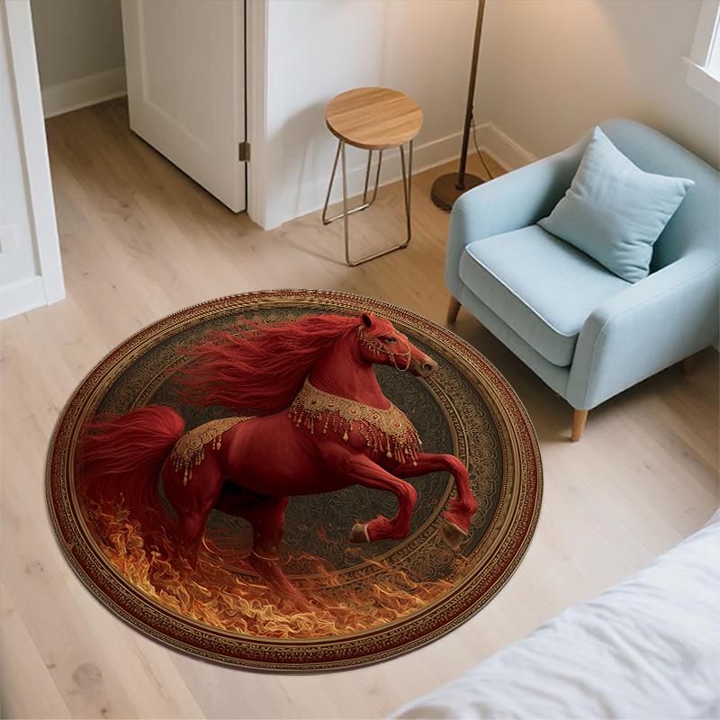 Red Horse,Round Area Rug,Carpet Rug for Living Room Bedroom Sofa Playroom Decor,Non-slip Floor Mat