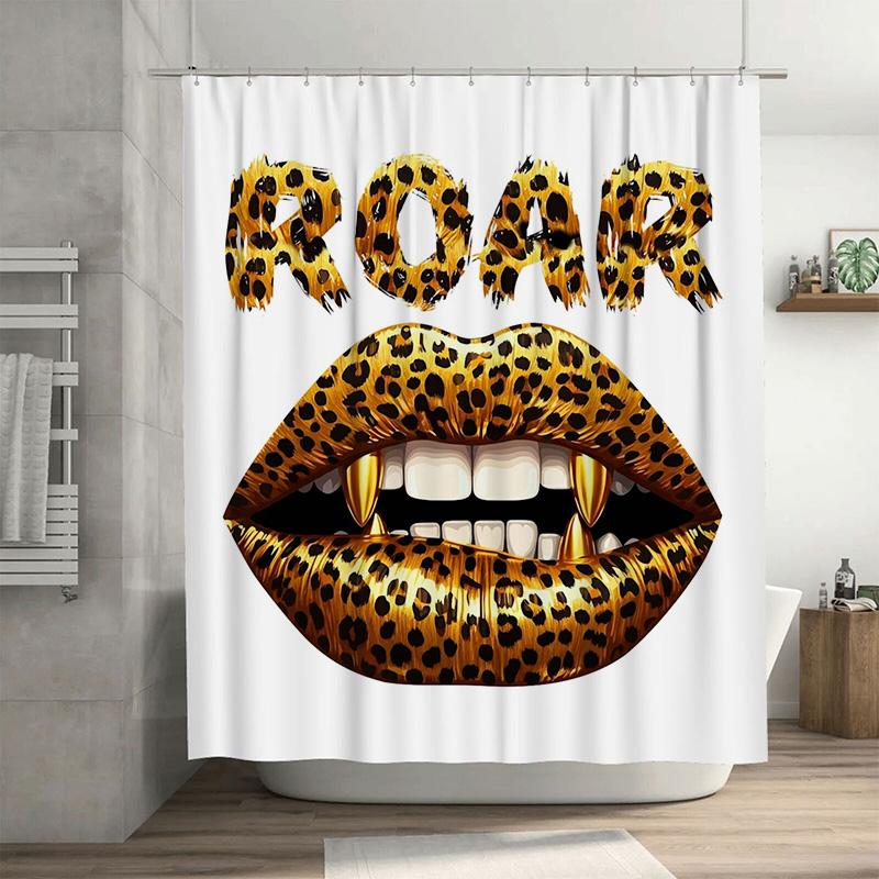 

Leopard Print Mouth Design Shower Curtain With Roar Lettering Black Gold Pattern Waterproof Fabric For Bathroom Decorations Mode W60H190(CM)-1 Pcs