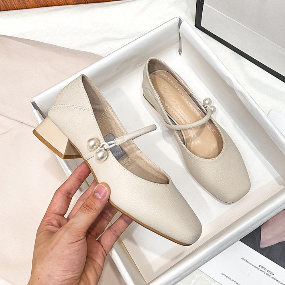 Square Headed Pumps for Women's 2025 Spring New Item Soft Leather Retro French Shallow Mouth Low Heel Mary Jane Shoes Women