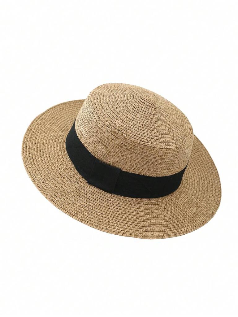 Women Wide Brim Flat Top Sun Hat With Black Woven Band Beach Hat