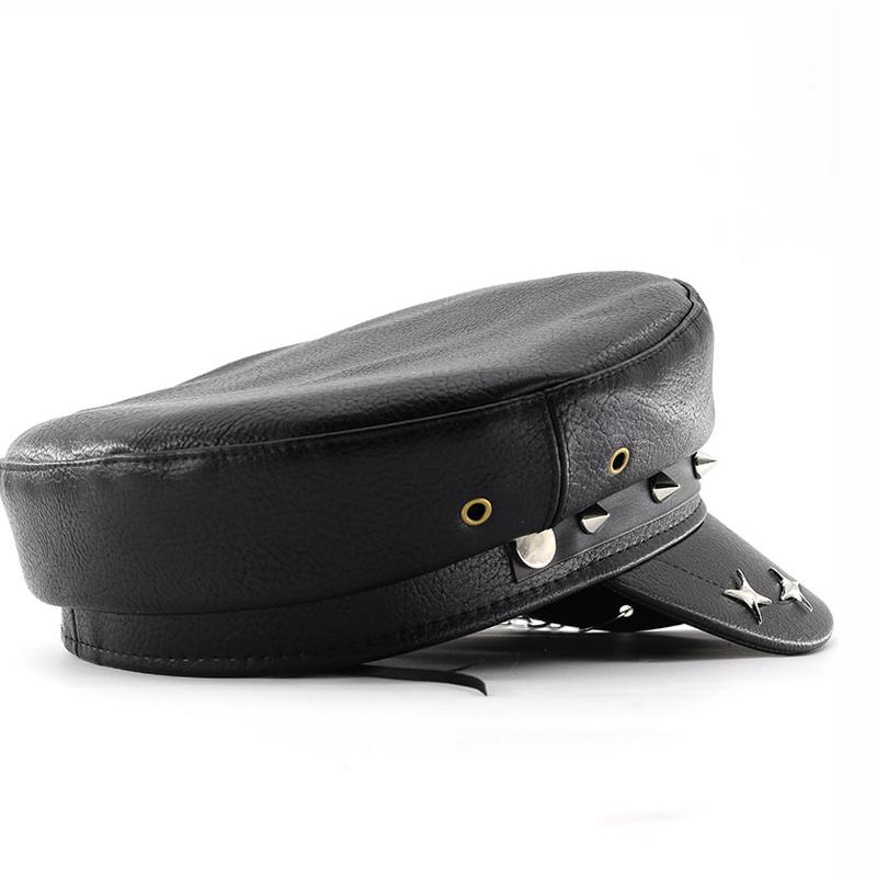 Berretto in PU Moda Stile Punk Vintage con Parte Superiore Piatta Cappelli Militari Casual da Esterno Cappellino dell'Esercito