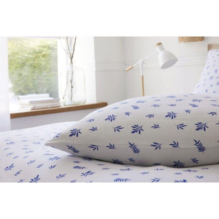 Housse De Couette + Taies - Loucas - Gaze De Coton - 240 X 260 Cm - Motifs Feuillage Bleu