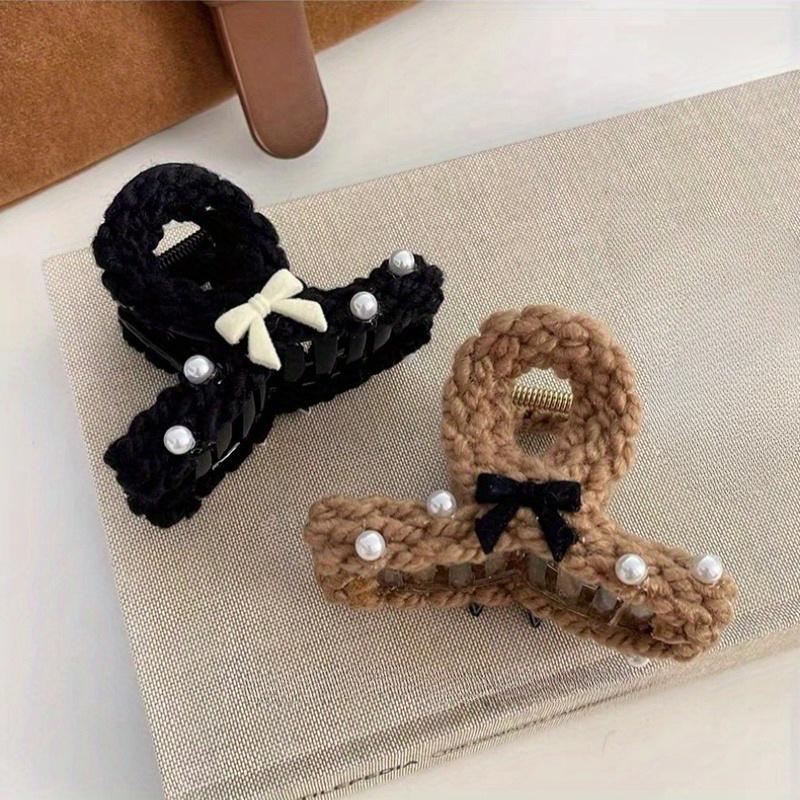 Elegante handgemachte Strickgarn-Bögen Haarklammern Damen Haarschmuck Koreanische mittelgroße Perlenspange Herbst Winter Kopfbedeckung