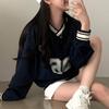 Navy V-Neck Color Block Baseball Girl Sweatshirt - Casual Loose Fit, Thin Long Sleeve