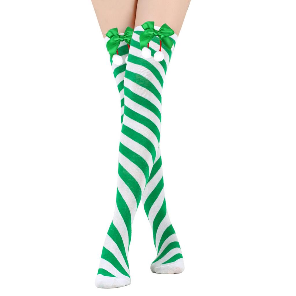 Women's Bowknot Christmas Stockings With Pom-poms Stripes Pattern Knee-high Over-the-knee Socks