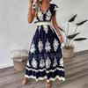 Women's V Neck Short Sleeve Elastic Waist Floral Print Ruffle Hem Maxi Dress Boho Beach Vacation Casual Flowy Sundress