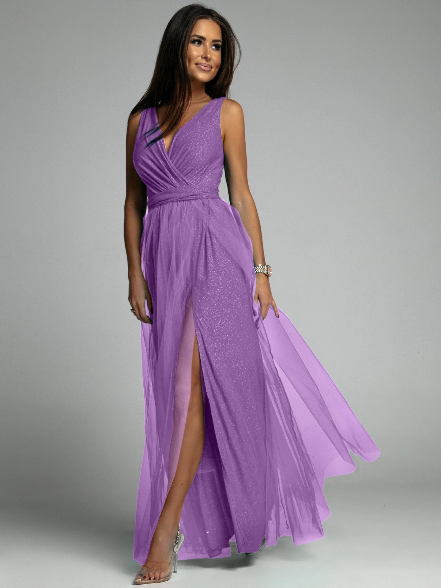 Cross-border 2023 V-Neck Waist-Cinching Sparkling Evening Gown with Slit L фиолетовый