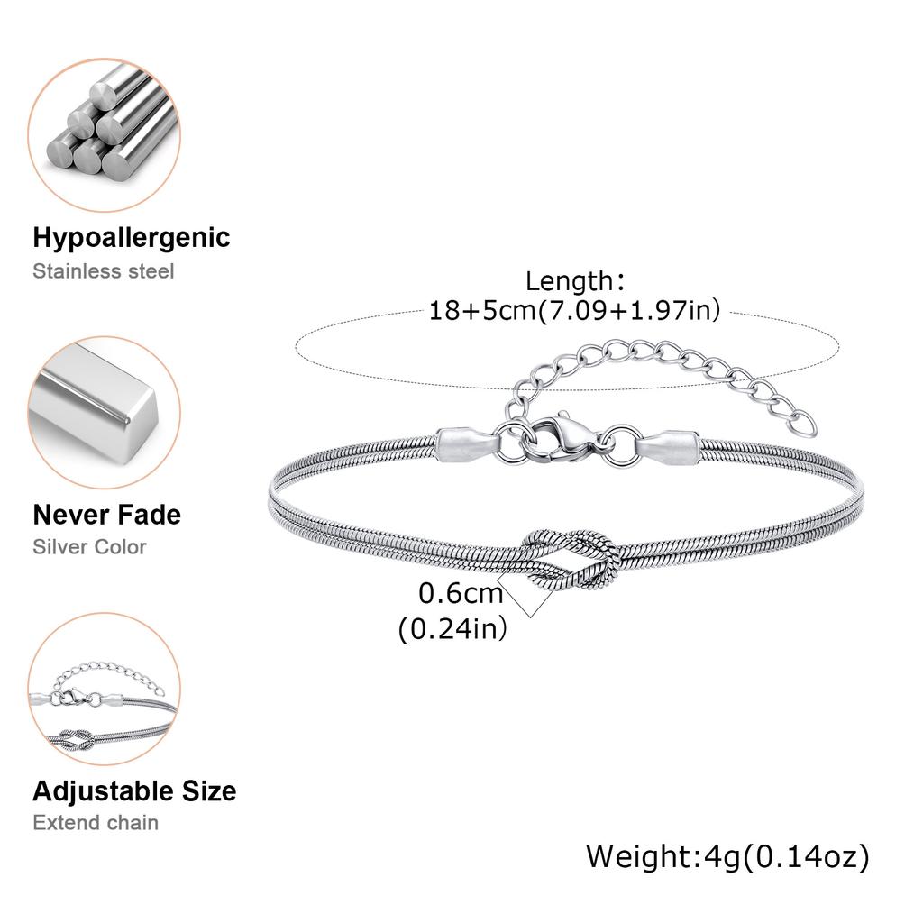 Vnox Two Layers Snake Chain Adjustable Couple Bracelets for Women Men, Stainless Steel Love Knot Wristband, Valentine's Day Gift