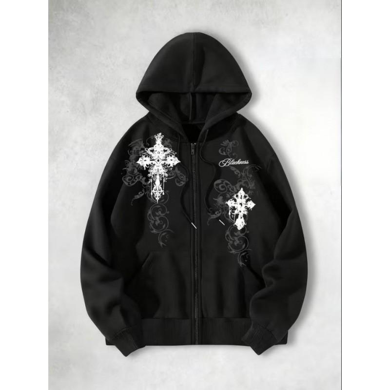Gotický Kříž Sanskrtský Potisk Volná Mikina na Zip Pánská Ležérní Streetwear