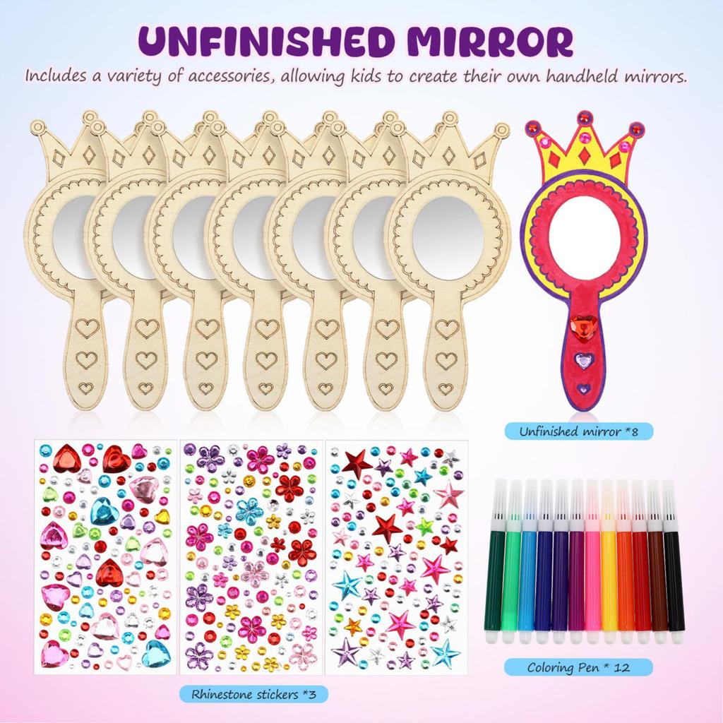 8Pcs Wooden Mirror Craft Kids Decorate Mirrors Unfinished Wooden Princess Mirror Crafts With Paintbrushes Birthday Party Gift