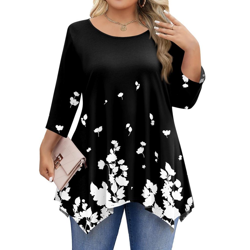 Womens Plus Size 3/4 Sleeve Shirts  Round Neck Tunic Tops Basic Loose Fit Tee Tops L-5XL