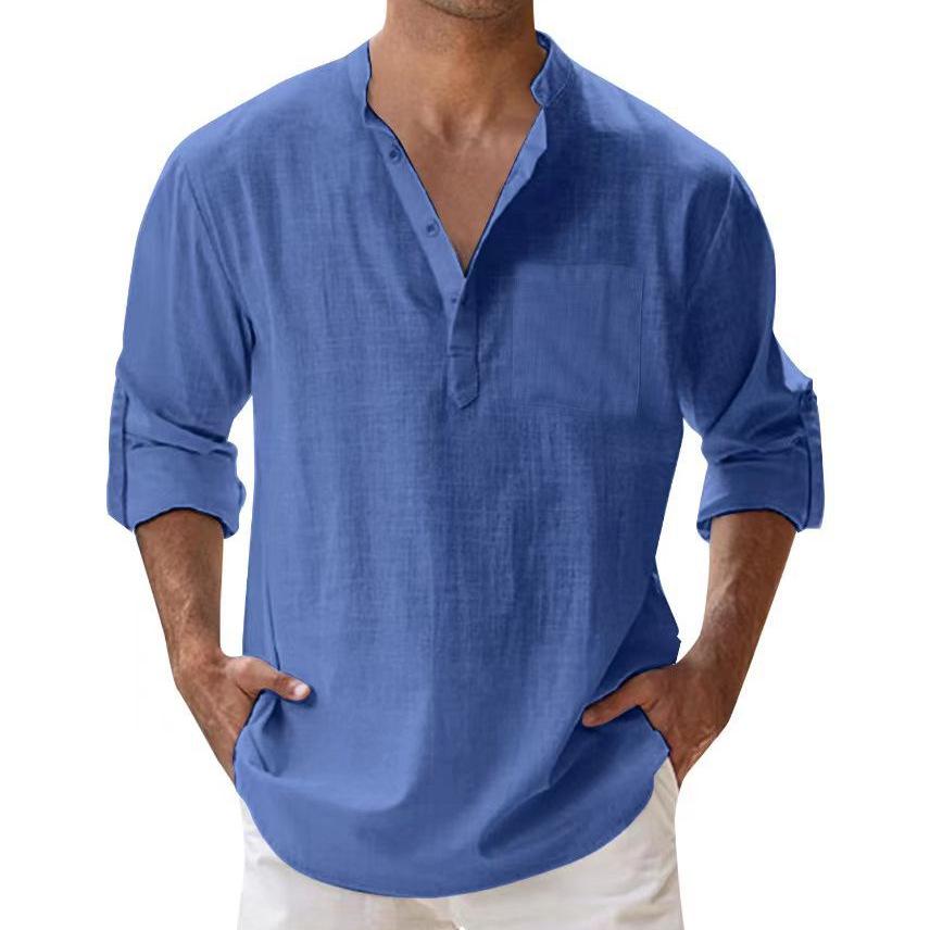 Men's Summer Casual Loose-Fit Stand-Up Collar Solid Color Long-Sleeve Cotton Shirt, Plus Size Available