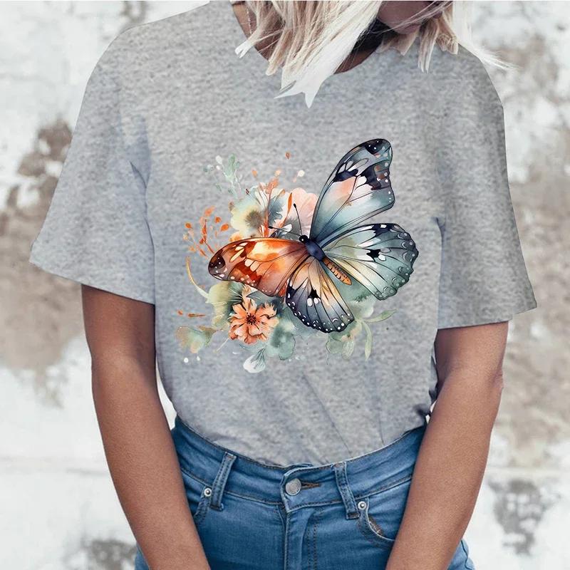 High quality  Flowers Butterfly Printing cottonn Fashion Short Sleeve Summer Cool Hip Hop Top woman