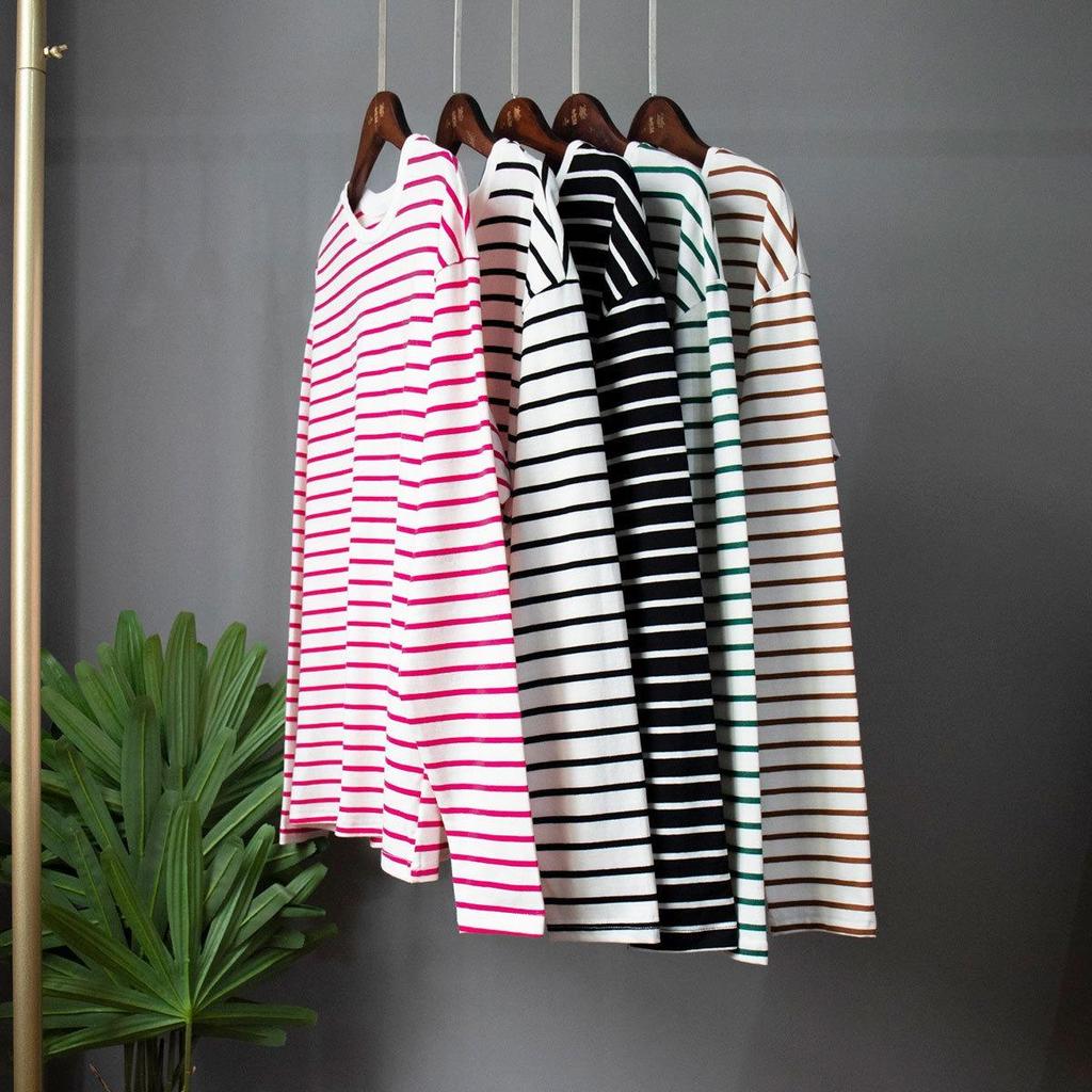 Casual Women's Long Sleeve Round Neck Striped Cotton Top for Spring Fashion Versatile T-shirt America and Europe