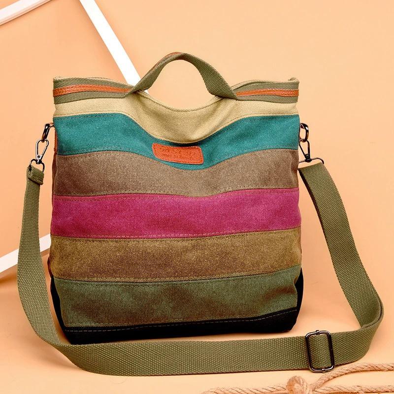 Hot Sell Women's Large Capacity Canvas Handbags Fashion Female Shoulder Bag New Rainbow Stripes Patchwork Crossbody Bag