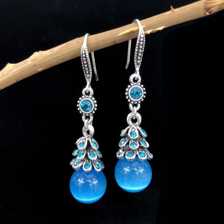 Ethnic style retro fashion agate earrings women's simple temperament opal diamond earrings versatile long ear jewelry