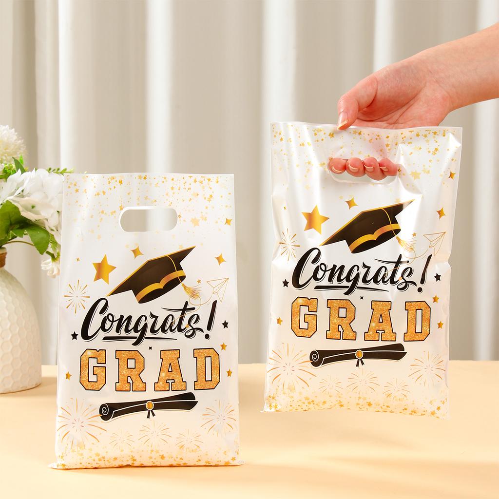 Graduation Decorations Gift Bags Black Gold Class of 2025 Grad Supplies Candy Biscuit Baking Gift Wrapping Favor Bag