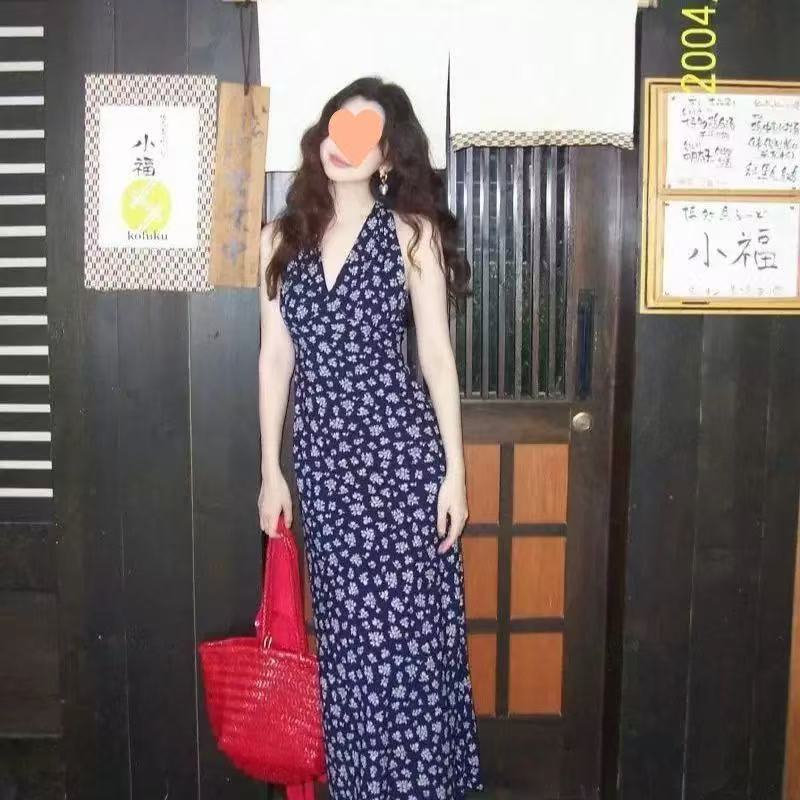 Women's Neck Hanging Floral Dress, Women's Backless Atmosphere, Slim Fit and Slimming Vest Dress