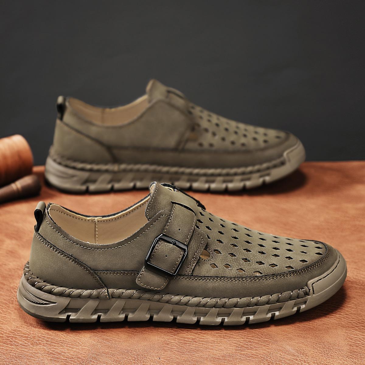 

Fashionable Men s Leather Sandals Vintage Hand Sewn Hollow Summer Walking Shoe 2026 Buckle Breathable Casual Shoes Barefoot Shoe 39 зелёный