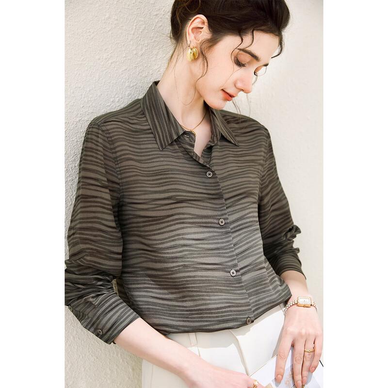 TUHUANG 100% Mulberry Silk Striped Long Sleeve Shirt XL