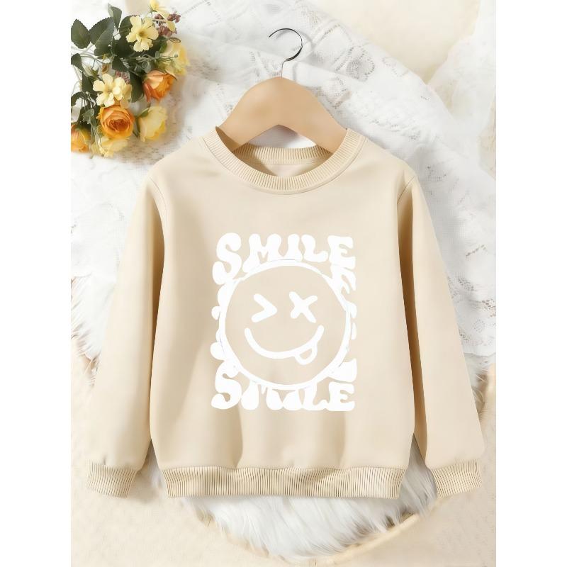 Unisex Kids Crewneck Sweatshirt, White Drip Smile Letter Funny Face Print Pullover, Boys Girls Streetwear Sweatshirt For Kids Over 4 Years Old