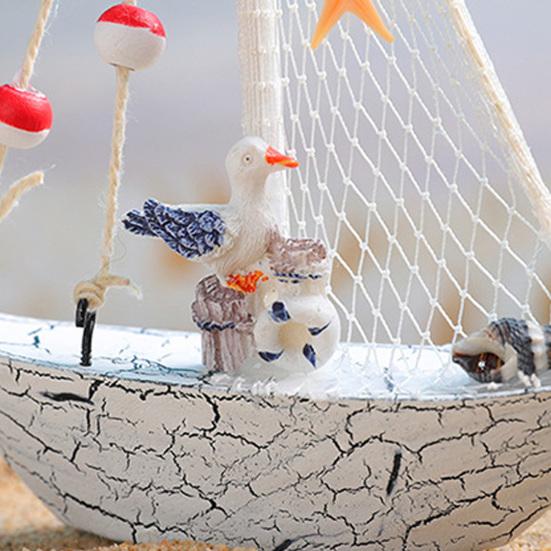Mini Sailboat Model Nautical Resin Sailing Boat Decoration with Shell Starfish Rustic Vintage Beach Ocean Theme Ship Ornament for Home Office Bedroom