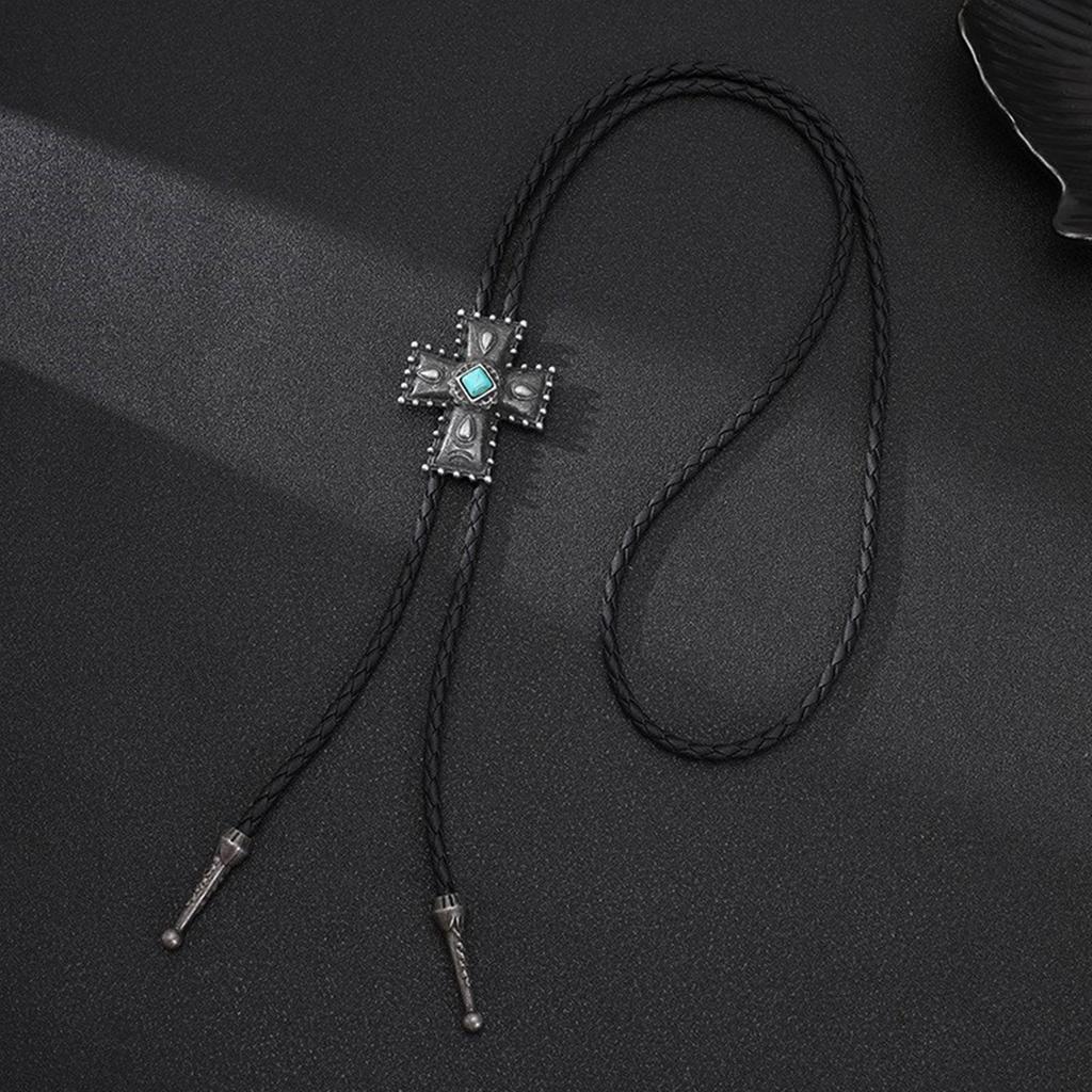 Men's Rodeos Bolo Tie with Turquoises Crosses Pendant Faux Leather Cord Necktie Adjustable Chain Shirt Collar Necklace