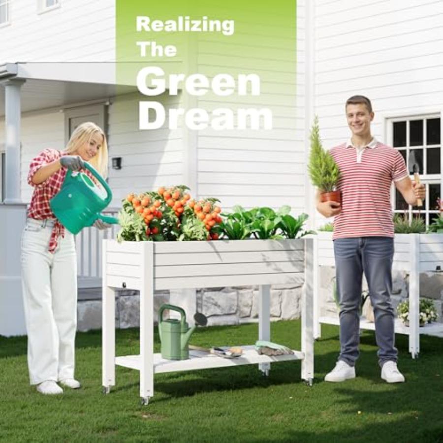 Elevated Raised Garden Bed with Wheels Outdoor Large Resin Patio Planter Box Stand Divisible with Drain Plug Ashen for Plants V
