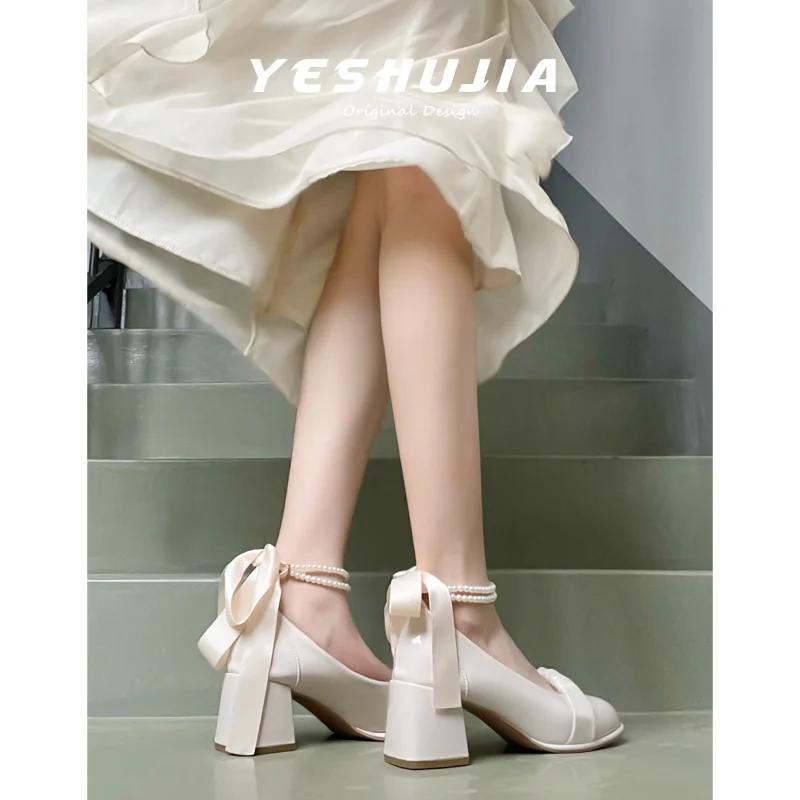 Fashion Mary Jane Women's Shoes 2025 New Spring Autumn Mesh Butterfly Knot High Heels Shallow Mouth Single Shoe High Heels Zapatos Mujer