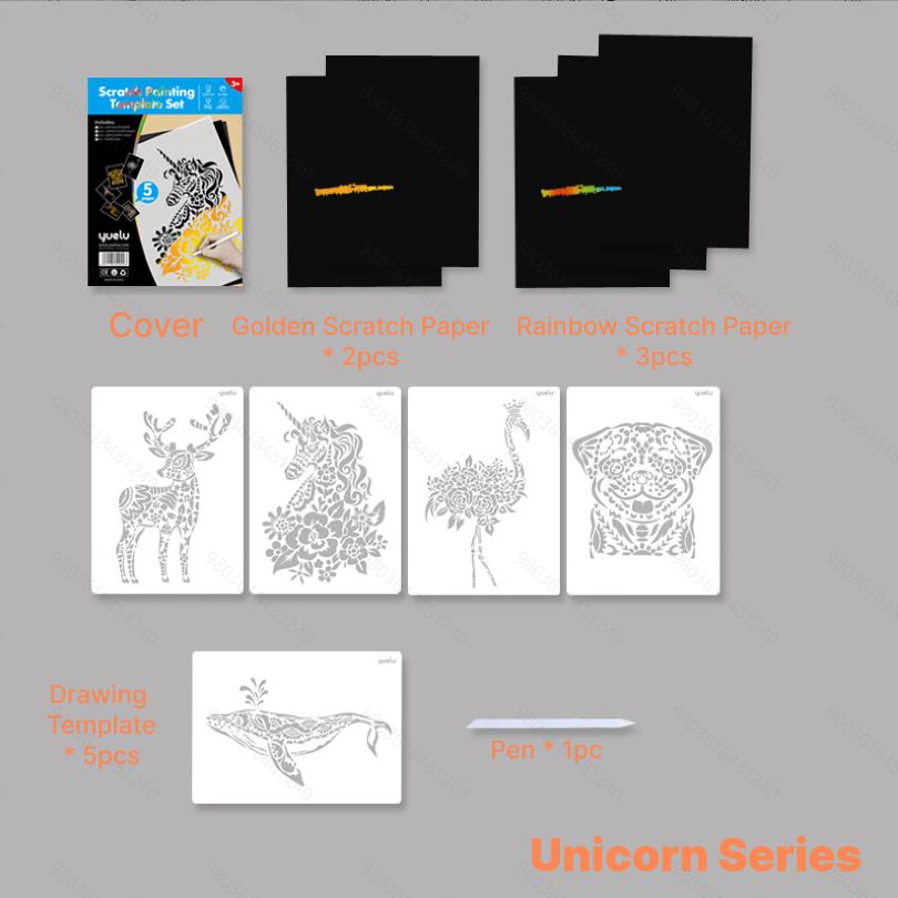1set Scratch Painting Set with Templates, Magic Paper & Pens, Graffiti for Adults, Parent-Child Fun, Artists,  Students, Gift