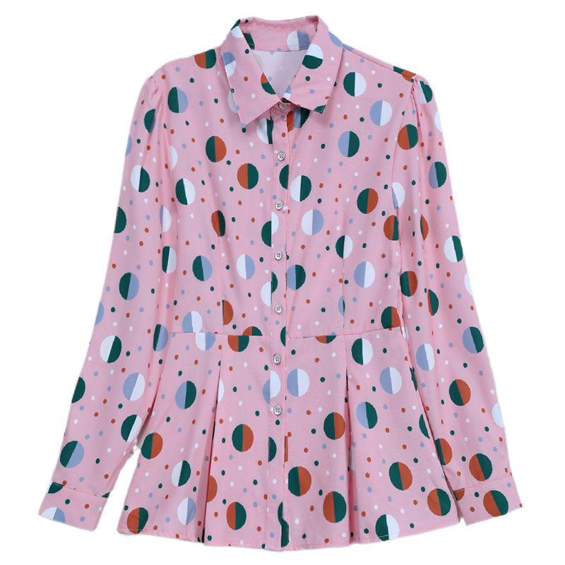 Women Clothing Polka Dot Printed Blouse Commute Long Sleeve Korean Single-breasted  Polo-Neck Fashion Shirt