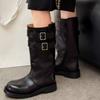 Cowhide Version~ Korean Version of High-end Sleeve Belt Buckle Knight Boots 25 Years Old New Round Head Leather Temperament Locomotive Boots