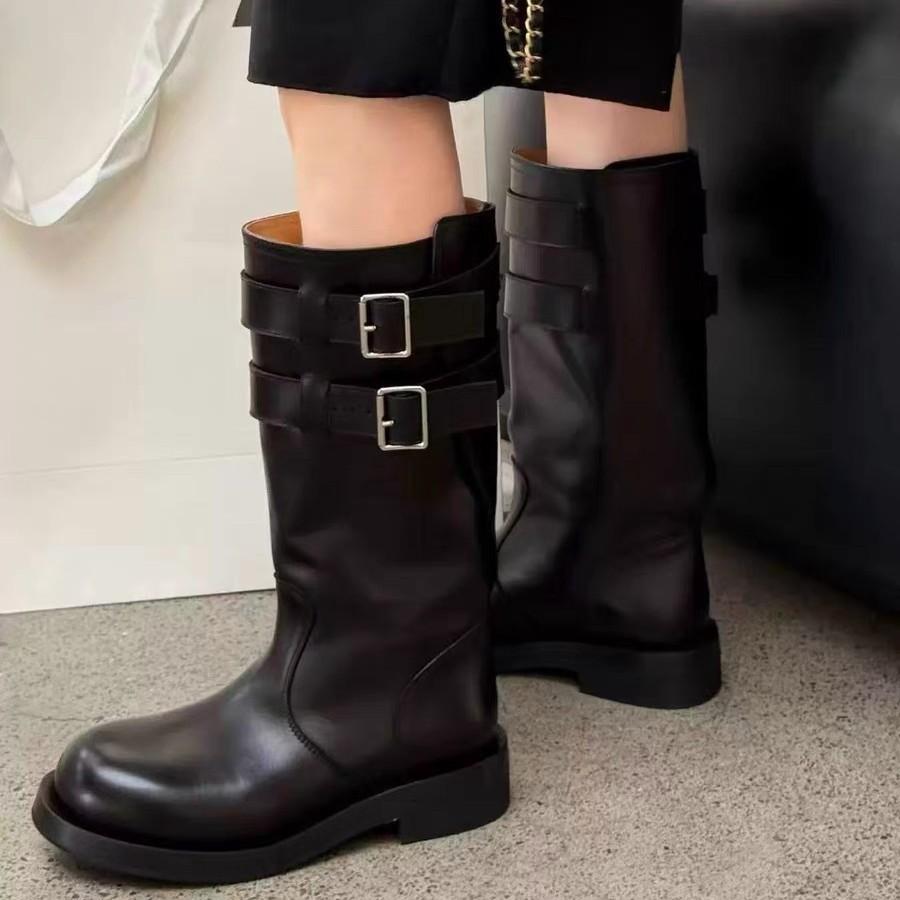 Cowhide Version~ Korean Version of High-end Sleeve Belt Buckle Knight Boots 25 Years Old New Round Head Leather Temperament Locomotive Boots