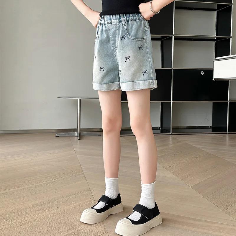 Children Casual Denim Shorts Bow Girls Elegant Above Knee Pants Mini Jeans Kids Teenager Brief Summer Shorts