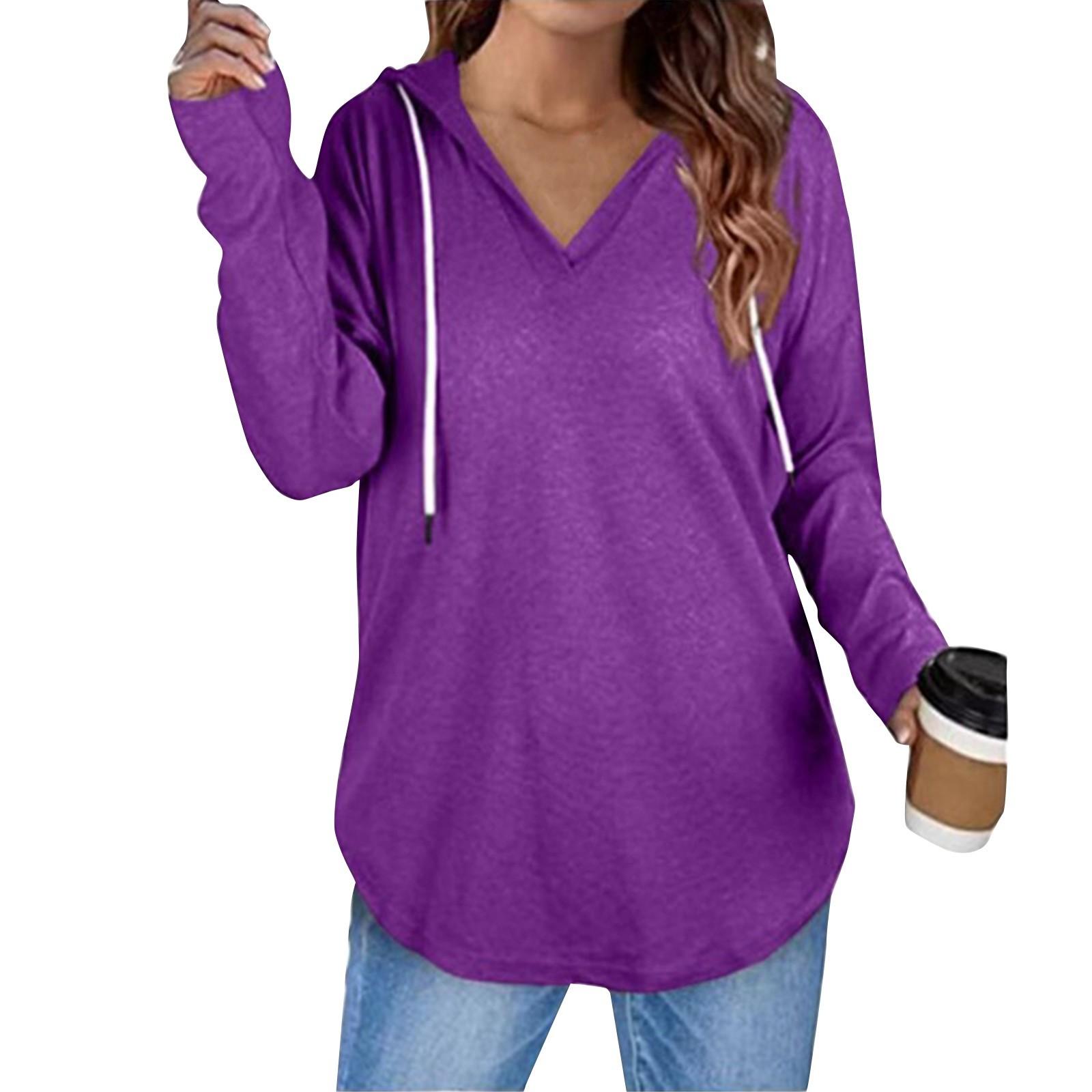 

Женский модный повседневный однотонный топ с v-образным вырезом и шнурком с длинным рукавом для фитнеса XL фиолетовый