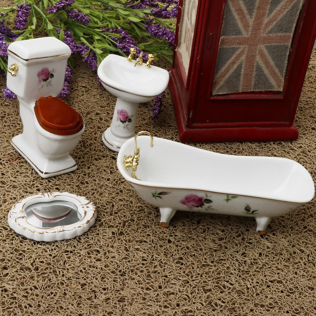 1/12 Casa delle bambole Mini mobili Set da bagno in ceramica Toilette Vasca da bagno Bambole Bambini Gioco di ruolo Giocattoli Regalo Casa delle bambole