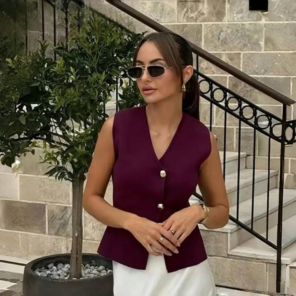 Women Skirt Set Wine Red Knitted V-Neck Sleeveless Slim Vest +Solid High Waist Zipper Patchwork Long Skirt Street