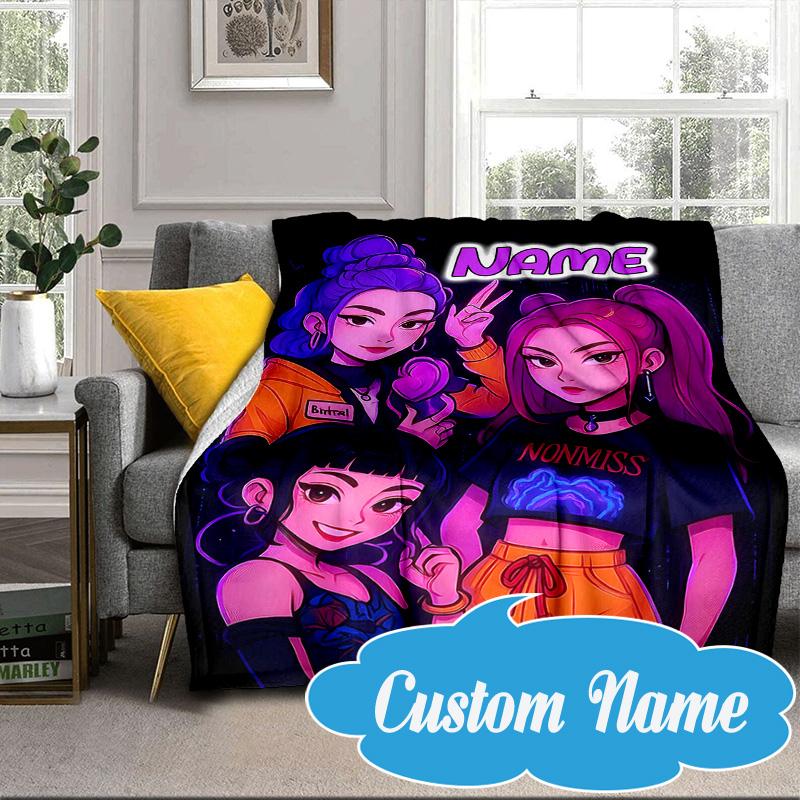 Custom Name KPop Cartoon Blanket bed sofa Blanket Flannel Blanket for Camping, Hiking, Picnic Essentials,gift for Fan family