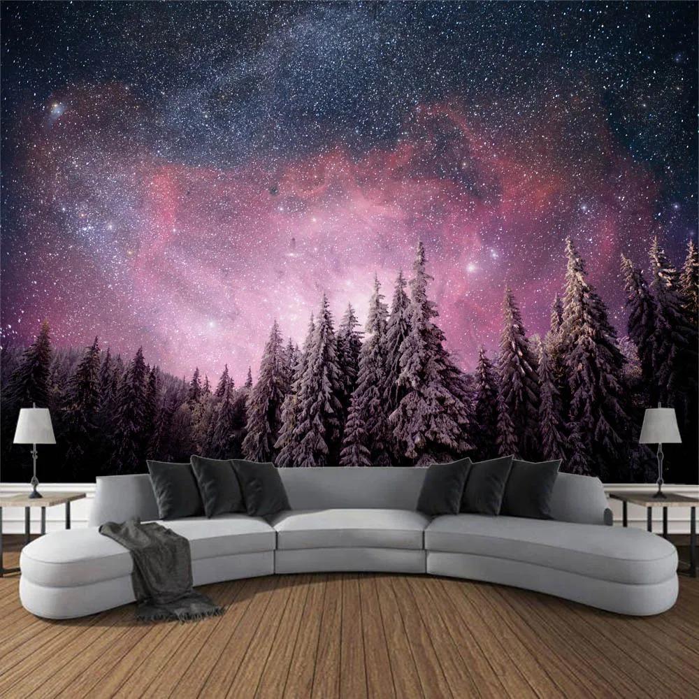Home Decor Galaxy Starry Sky Wall Hanging Tapestry Space Fantasy Night Sky Forest Landscape Printed Thin Cloth Blanket