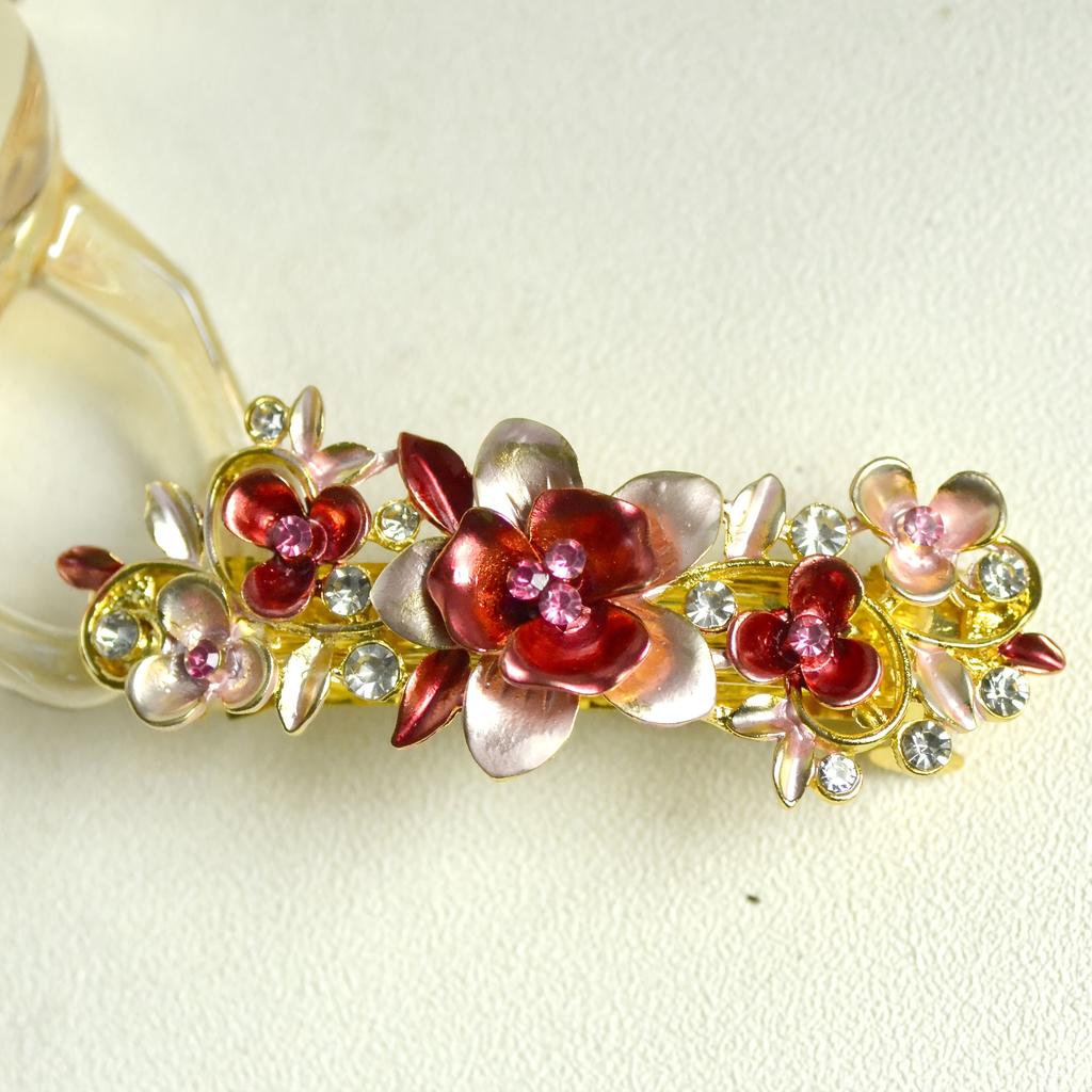 Single Bohemian Floral Rhinestone Hair Clip Large Rectangular Hairpin with Multicolor Enamel Flowers, Sparkling Crystals Golden Tone Accents for Women