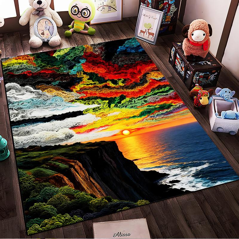 Colorful Sunset Landscape Carpet with Ocean View and Artistic Waves Suitable for use as an anti-slip for living room bedroom sofas