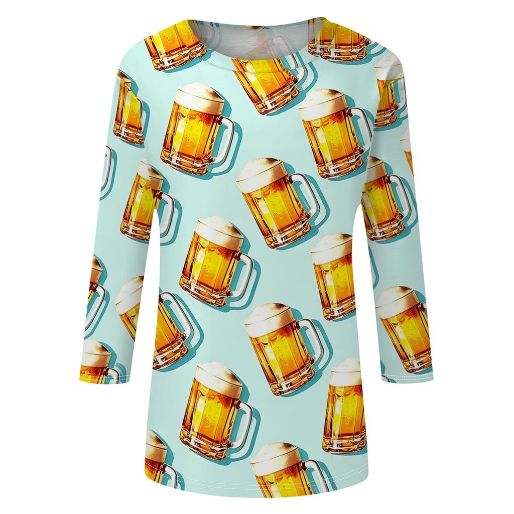 Women’s Casual Crew Neck Three Quarter Sleeve Top with Festival and Snack Print for Everyday Wear and Seasonal Events