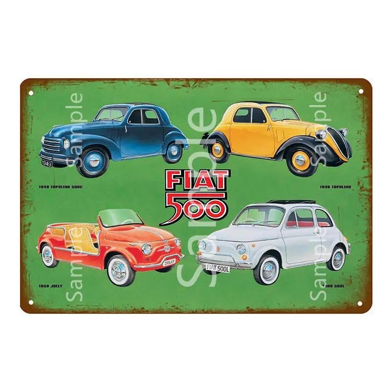 Klassischer Fiat 500 Vintage Blechschilder Wandkunst Dekor Poster für Café Bar Pub Haus Wanddekor Auto Metallkunst Poster YK029 20x30cm（7.8x11.8inch）